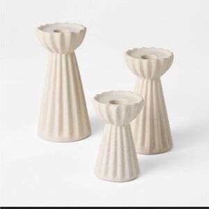 Studio McGee Set of 3 Ceramic Ribbed Taper Candle Holders Beige-Threshold